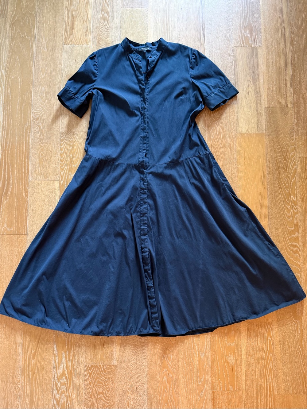 Lafayette 148 New York Navy Short-Sleeve Button-Front Midi Dress gently worn